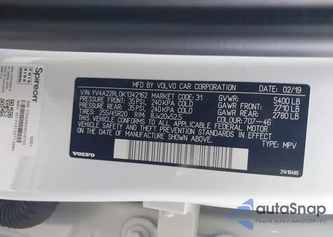 2019 Volvo Xc60 T6 Inscription z USA, uszkodzony, nr VIN YV4A22RL0K1342162